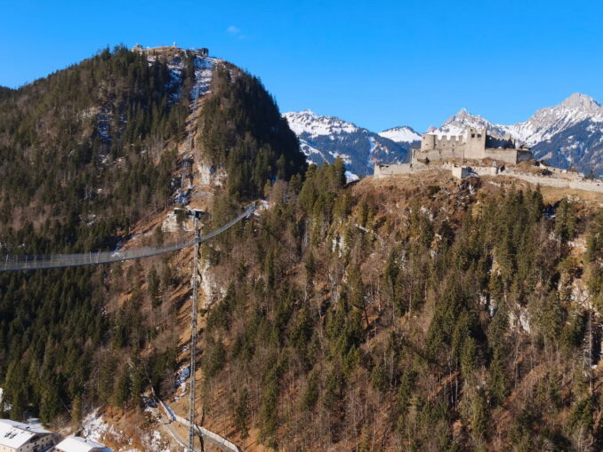 The Highline179 bridge and the ruins of Ehrenberg Castle Highline179, Tyrol, Austria