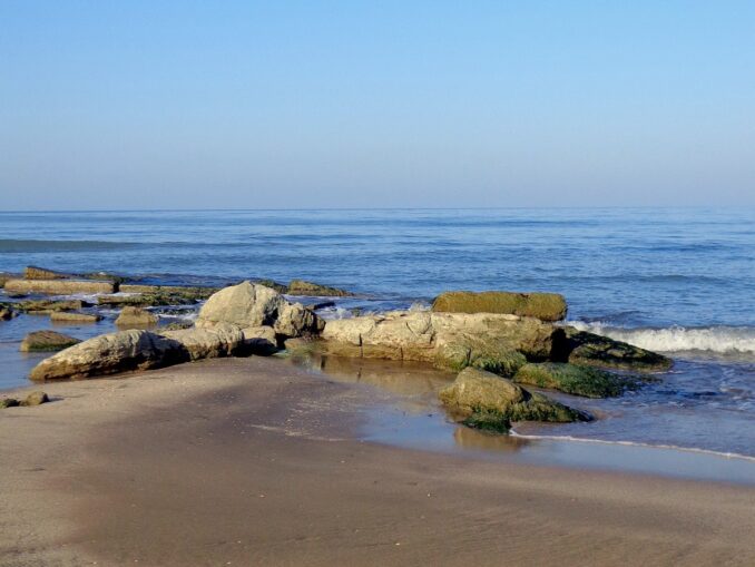 Каспийское море в Дагестане, пляж, фото @ZiyaSparkle/Wikimedia Commons Температура воды в Каспийском море в июле достигает 25-26 градусов Цельсия
